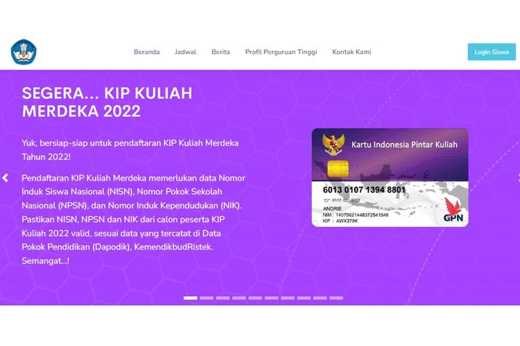 Tangkapan layar laman KIP Kuliah 2022