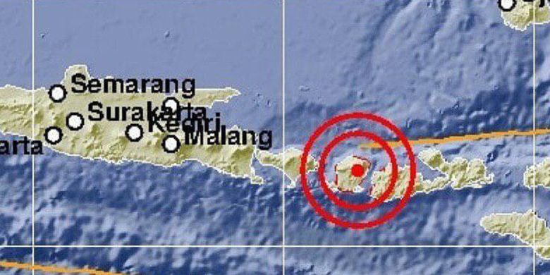 Pusat gempa M 5,4 yang guncang Lombok Timur pada Minggu (17/3/2019).