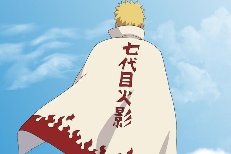 Naruto mengenakan jubah Hokage. Diketahui, Naruto adalah Hokage ke-7 di Konoha