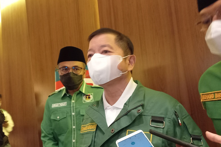 Ketua Umum PPP Suharso Monoarfa dalam Rapimnas PPP di Hotel Pullman, Jakarta Pusat, Jumat (15/4/2022).