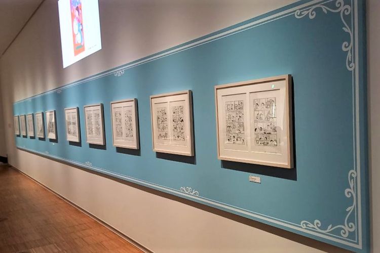 Gambar asli manga Doraemon hitam putih di Museum Fujiko F. Fujio, Kamis (19/01/2023).