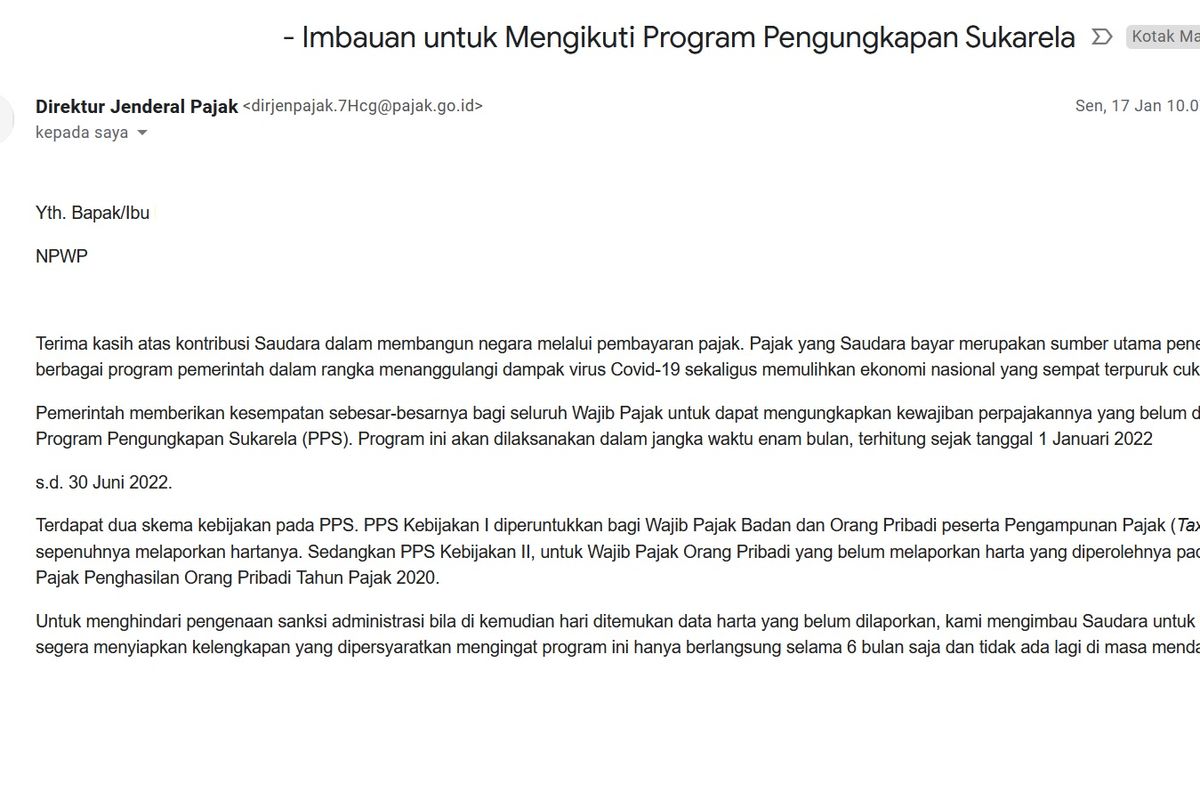 Email dari Dirjen Pajak Suryo Utomo tenang  Imbauan untuk Mengikuti Program Pengungkapan Sukarela (PPS)