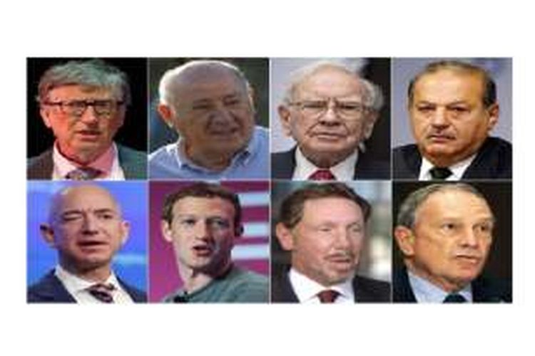 Inilah kedelapan orang terkaya di dunia (kiri ke kanan), Bill Gates, Amancio Ortega, Warren Buffet, Carlos Slim Helu, Jeff Bezos, Mark Zuckerberg, Larry Ellison, dan Michael Bloomberg. 