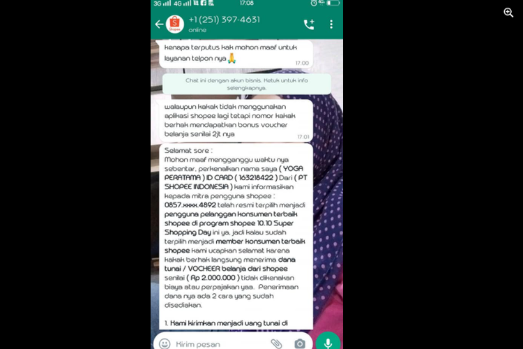 Tangkapan layar pesan mengenai hadiah uang Rp 2 juta untuk konsumen terbaik Shopee Indonesia.