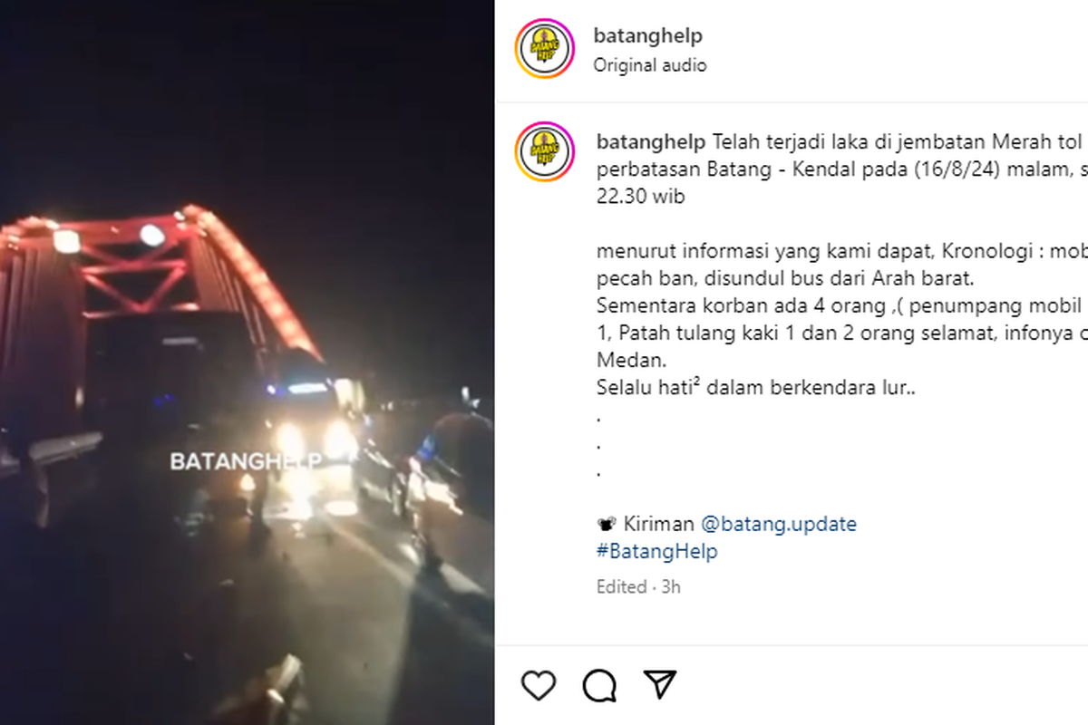 Kecelakaan akibat pecah ban di Jembatan Merah Tol Kalikuto.
