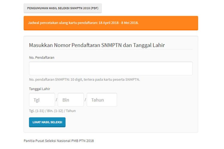 Hasil SNMPTN telah dapat diakses melalui laman resmi http://pengumuman.snmptn.ac.id/