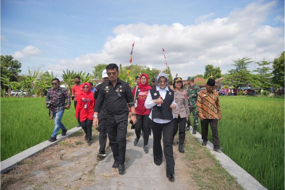 Mentan Syahrul Yasin Limpo dan Bupati Klaten Sri Mulyani mengecek lahan pertanian di Desa Karangdowo, Kabupaten Klaten.