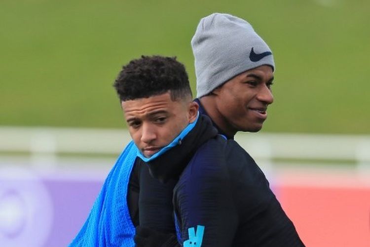 Marcus Rashford dan Jadon Sancho kala melakoni latihan bersama tim nasional Inggris.