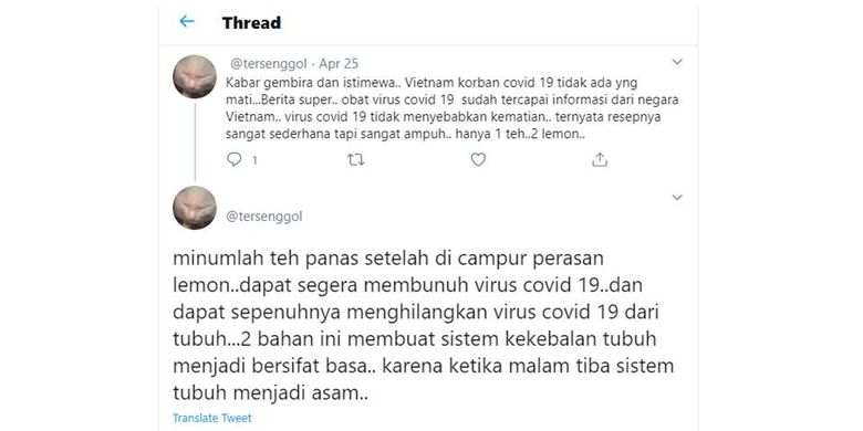 Informasi mengenai campuran teh dan lemon disebut bisa membunuh virus corona menyebar di media sosial. Informasi ini hoaks.