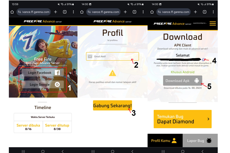 Cara daftar Free Fire Advance Server periode Agustus 2024