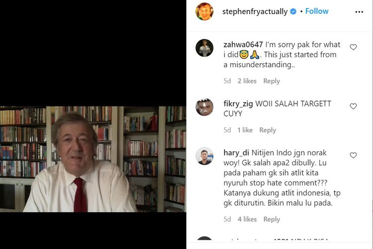 Tangkapan layar unggahan Stephen Fry di Instagram, yang menjadi target salah sasaran amarah netizen Indonesia. Mereka mengira dia adalah wasit All England 2021 yang dinilai merugikan ganda putra Muhammad Ahsan/Hendra Setiawan.
