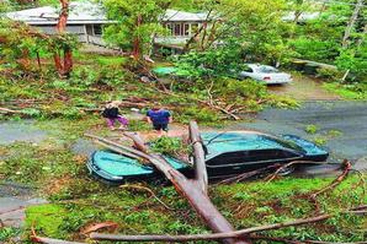 Badai dan angin kencang tidak saja terjadi di Vietnam. Di Negara Bagian Queensland, Australia, angin kencang merobohkan pohon yang menimpa sebuah mobil di The Gap, pinggiran Brisbane, Senin (17/11). Satu orang tewas akibat kejadian itu. 