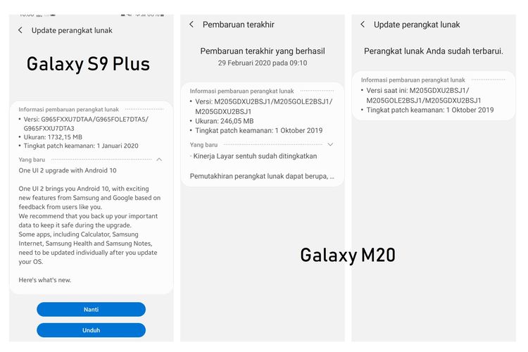 Pembaruan sistem Galaxy S9 Plus (kiri) dan Galaxy M20 (kanan).
