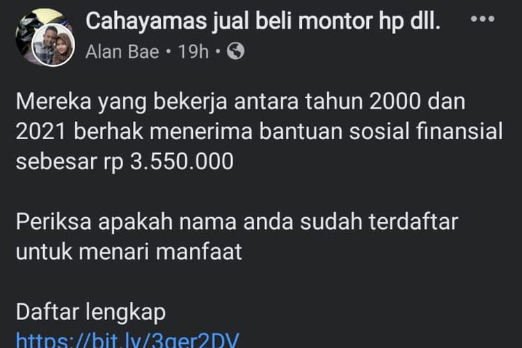 Tangkapan layar hoaks bantuan sosial finansial sebesar Rp 3.550.000 dari BPJS Kesehatan