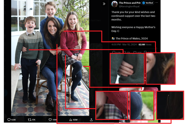 Tangkapan layar akun X @KensingtonRoyal berisi foto Kate Middleton bersama tiga anaknya yang ternyata foto hasil manipulasi.