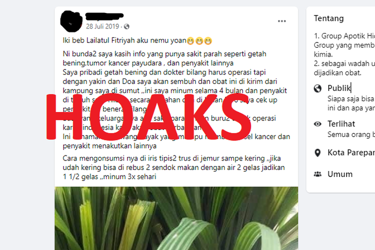 Tangkapan layar unggahan yang menyebut bawang dayak bisa menyembuhkan segala jenis kanker.