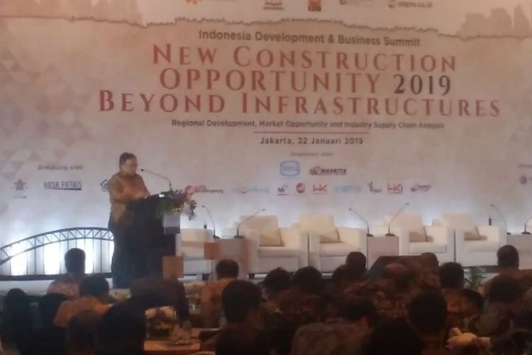 Menteri Perencanaan Pembangunan Nasional (PPN)/Kepala Bappenas Bambang Brodjonegoro dalam acara Indonesia Development and Business Summit New Construction Opportunity 2019 and Beyond Infrastructures di Jakarta, Selasa (22/1/2019).