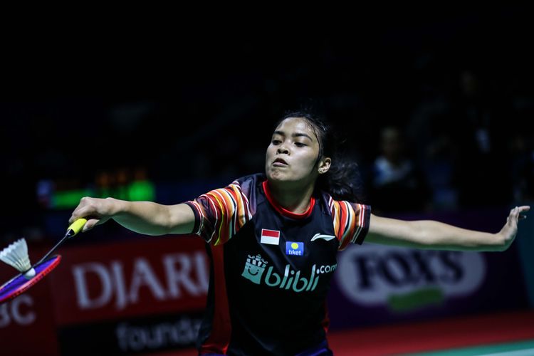 Pebulu tangkis tunggal putri Indonesia, Gregoria Mariska Tunjung melawan tunggal putri Thailand, Ratchanok Intanon dalam babak kedua Blibli Indonesia Open 2019 di Istora Senayan, kompleks GBK, Jakarta, Kamis (18/7/2019).