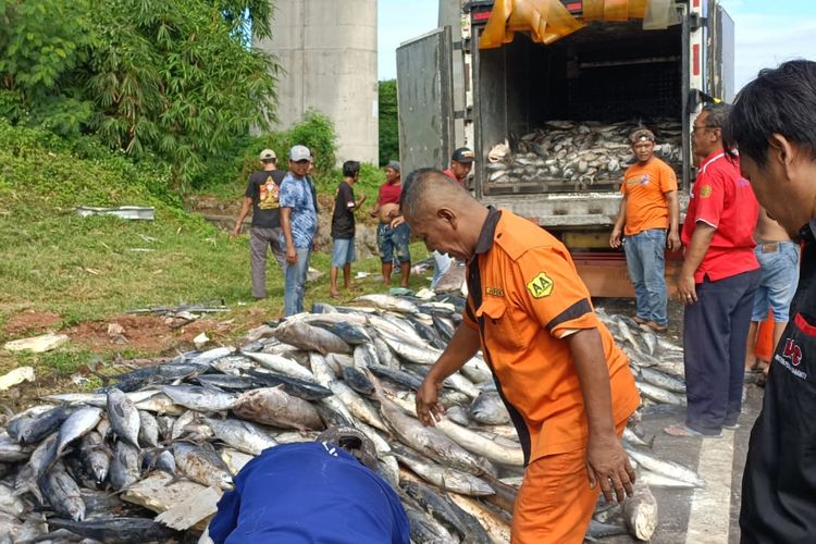 Insiden kecelakaan yang melibatkan satu unit truk pengangkut ikan dan truk wing box di Tol Jatibening, Rabu (12/4/2023). Beberapa orang rekan dari sopir truk pengangkut ikan ikut dilibatkan untuk mengangkut kembali ribuan ikan beku yang hendak menuju ke Muara Baru, Jakarta.