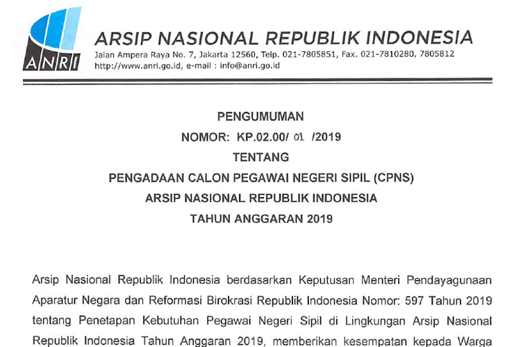 ANRI resmi umumkan pembukaan seleksi calon pegawai negeri sipil (CPNS) 2019.