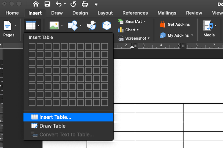 Cara membuat tabel menggunakan dialog box Insert Table (/Caroline Saskia Tanoto)