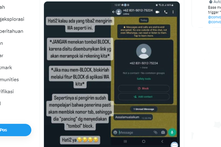 Tangkapan layar unggahan soal modus penipuan WhatApp dengan tombol Block disebut dapat menguras isi rekening