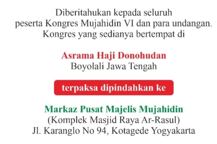 Selembar Panitia Kongres Majelis Mujahidin Indonesia, memindahkan lokasi kongres.