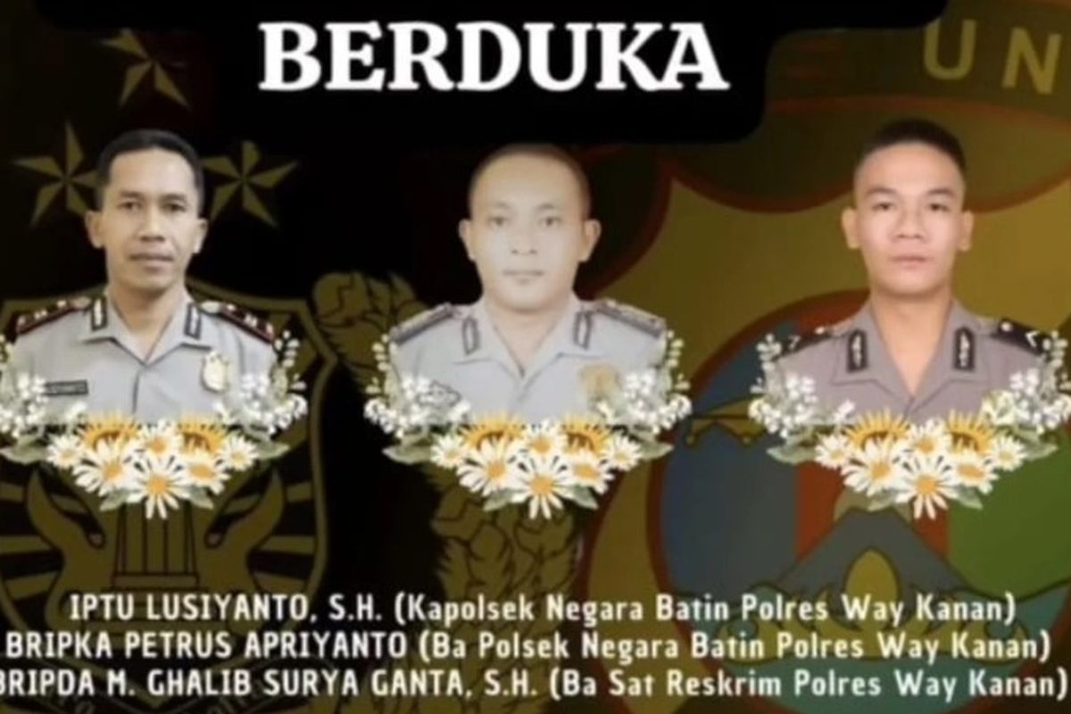 Tiga anggota polisi Way Kanan, Lampung, yang meninggal saat menggerebek judi sabung ayam, Senin (17/5/2025).
