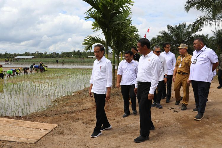 Presiden Joko Widodo (Jokowi) dan Menteri Pertanian (Mentan) Andi Amran Sulaiman saat meninjau program pompanisasi di Kabupaten Kotawaringin Timur, Rabu (26/6/2024).