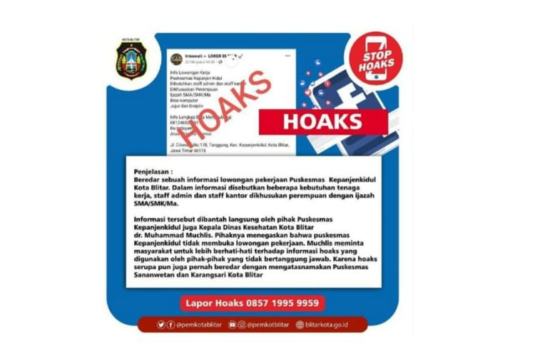 Penjelasan Pemkot Blitar mengenai informasi lowongan kerja di Puskesmas Kepanjenkidul.