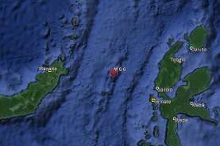 Pusat Gempa 6,6 SR yang mengguncang Ternate, Maluku Utara, Rabu (8/6/2016)