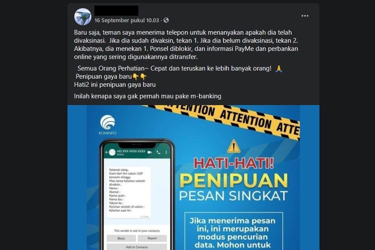 Tangkapan layar hoaks panggilan telepon cek status vaksinasi