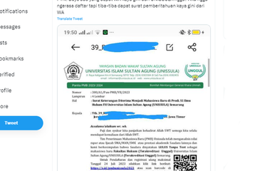 Tangkapan layar twit soal surat diterima tanpa tes di Unissula padahal merasa tidak pernah mendaftar