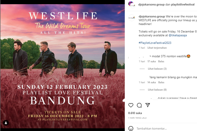 Tangkapan layar unggahan poster konser Westlife bertajuk The Wild Dream Tour yang berlangsung di Bandung pada 12 Februari 2023.