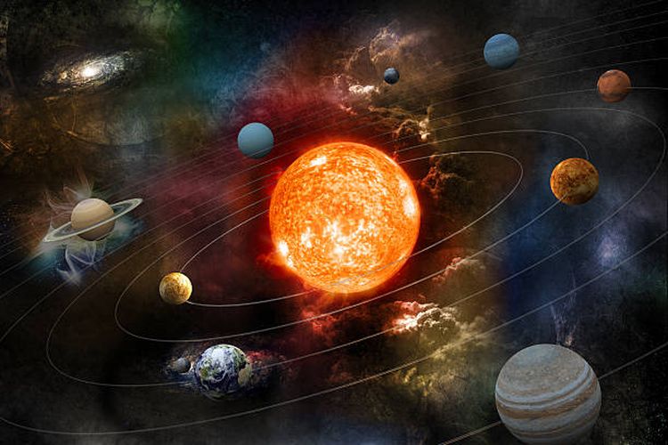 Ilustrasi matahari dan planet-planet di tata surya.