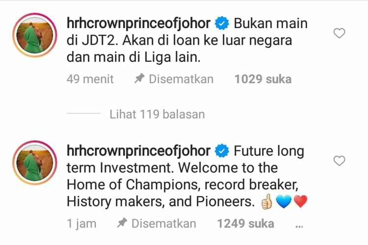 Bos Johor Darul Takzim, Tunku Ismail Ibni Sultan Ibrahim, telah mengonfirmasi perihal kiprah awal pemain asal Indonesia, Syahrian Abimanyu, di klubnya.