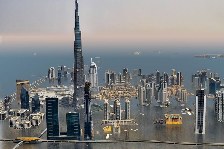 Visualisasi Burj Khalifa, Dubai setelah suhu Bumi naik 3 derajat Celsius. Burj Khalifa menjadi salah satu kota, dari sekitar 184 kota ikonik di dunia yang diprediksi tenggelam jika suhu bumi terus naik.