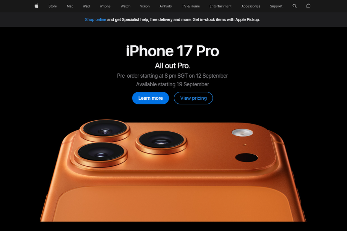 Tangkapan layar laman resmi Apple Singapura yang menampilkan informasi PO iPhone 17 Series dan iPhone Air. PO iPhone 17 series dan iPhone Air di Singapura dan Malaysia dibuka malam ini, Jumat, 12 September 2025 pukul 19.00 WIB. iPhone 17 Series mulai bisa dibeli secara offline 19 September.