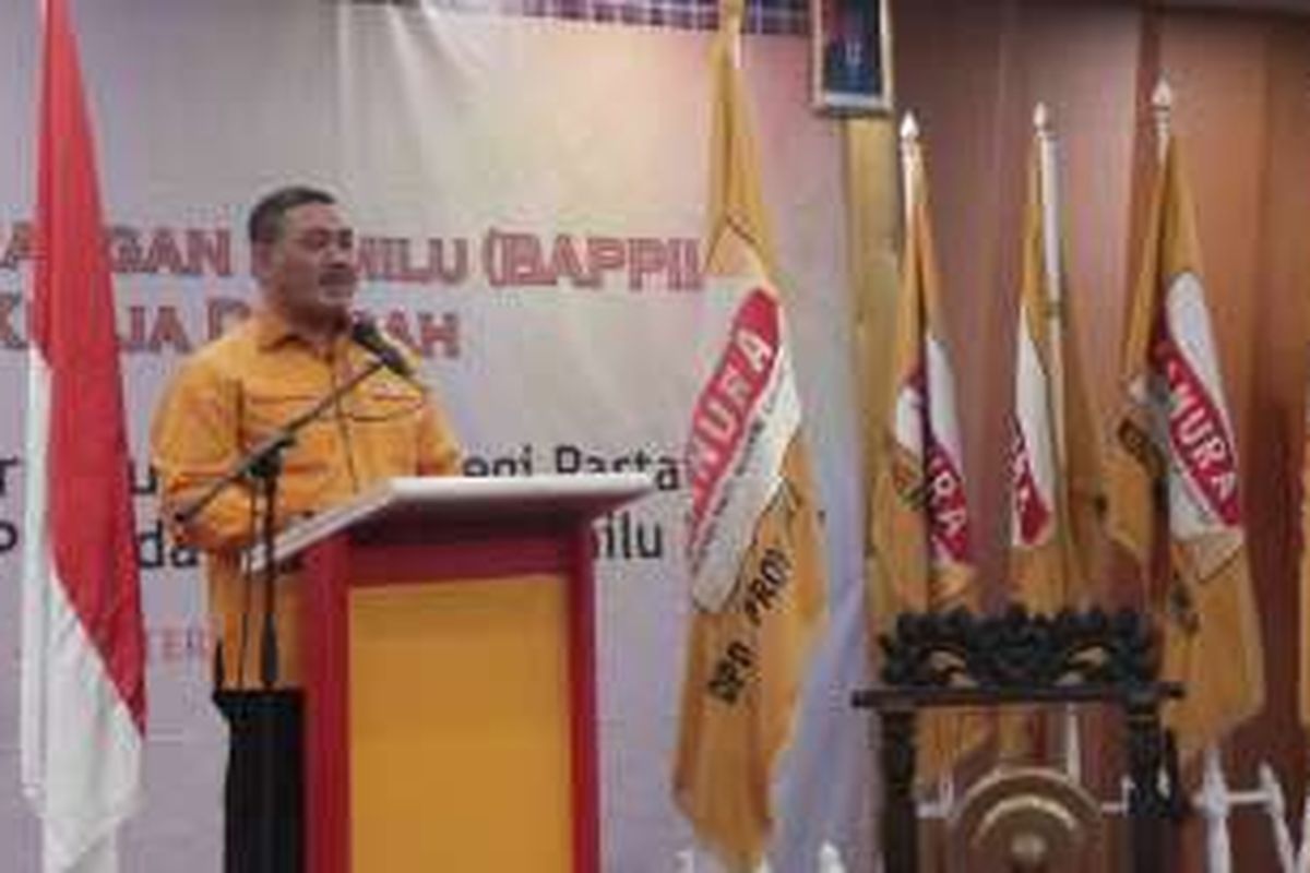 Ketua DPD Hanura DKI Jakarta Mohamad Sangaji alias Ongen, saat menyampaikan sambutan dalam Rakerda Hanura DKI Jakarta, Minggu (11/12/2016).