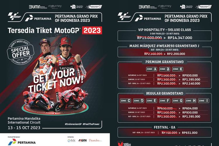 MotoGP Mandalika 2023 akan dilangsungkan di Mandalika International Street Circuit, Lombok Tengah, Nusa Tenggara Barat pada 13-15 Oktober 2023 yang akan datang. Masyarakat Lombok dan sekitarnya mendapat penawaran spesial untuk menyaksikan langsung ajang balap motor kelas dunia tersebut. (Sumber foto Dok. Dyandra Promosindo)