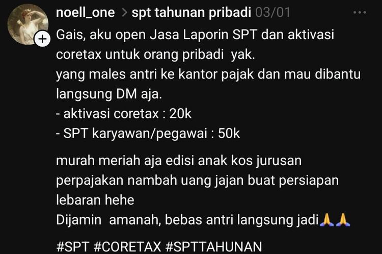 Jasa “Joki” SPT Coretax Tarif Mulai Rp 20.000 Marak di Threads, Ini Kata Ditjen Pajak