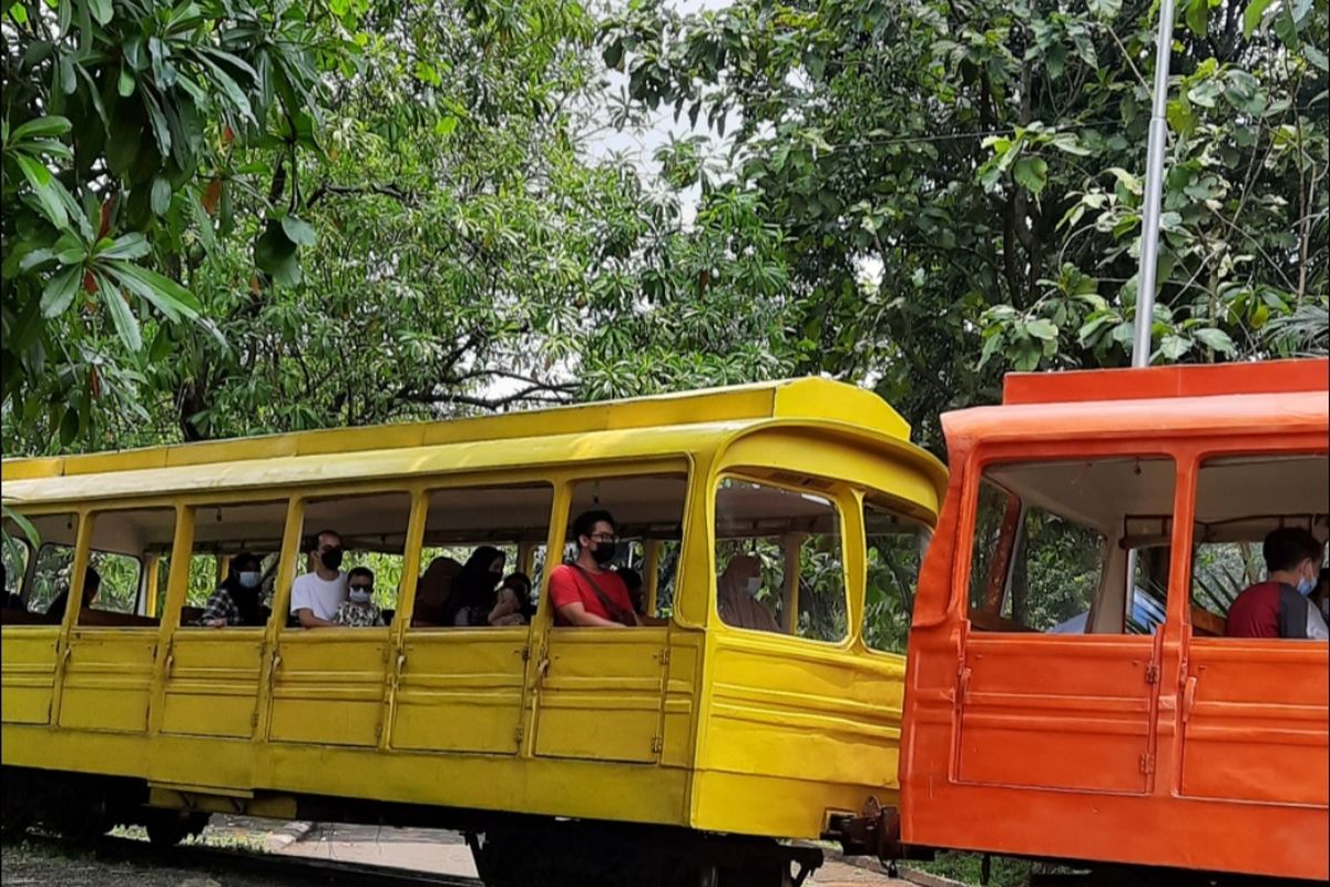 Pengunjung Taman Mini Indonesia Indah (TMII), Jakarta Timur, memanfaatkan fasilitas kereta. Foto diambil pada Sabtu (27/3/2021).