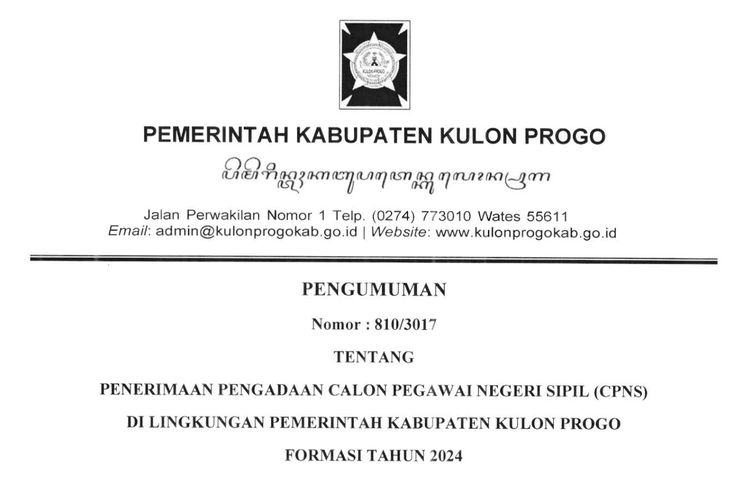 Formasi CPNS 2024 di lingkungan Pemerintah Kabupaten Kulon Progo.