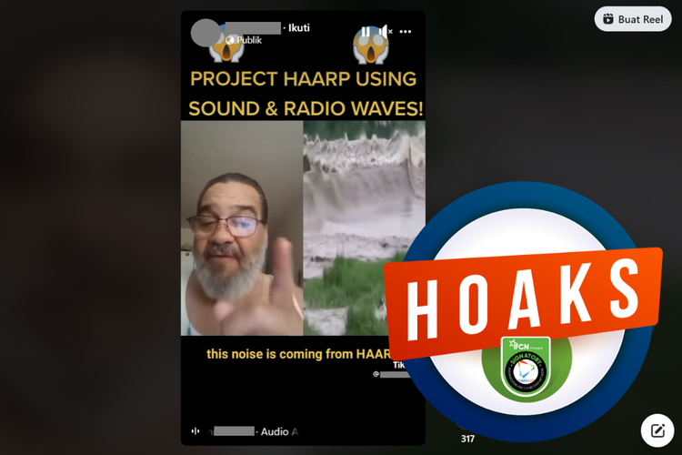 Tangkapan layar unggahan dengan narasi hoaks di sebuah akun Facebook, soal Ombak Bono dikaitkan dengan proyek HAARP.