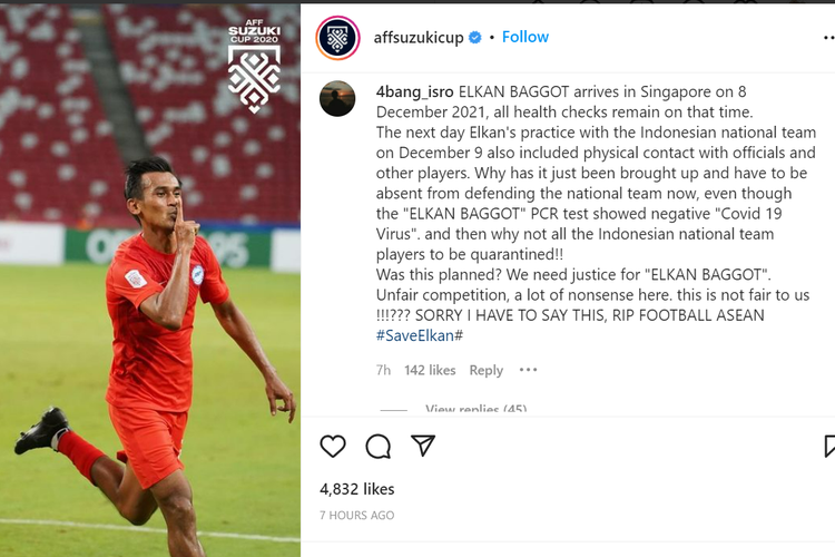 Akun Instagram resmi Piala AFF dibanjiri komentar warganet Indonesia yang menuntut keadilan untuk Elkan Baggott.