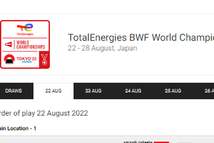 Tangkapan layar situs BWF soal jadwal pertandingan BWF World Championships 2022 di Jepang.