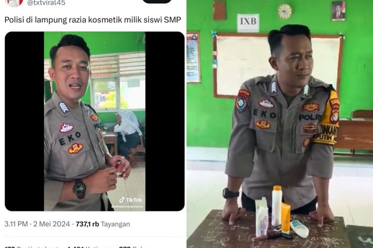Bidik layar video yang menyebutkan polisi melakukan razia alat make up di sebuah SMP di Lampung, Minggu (5/5/2024).