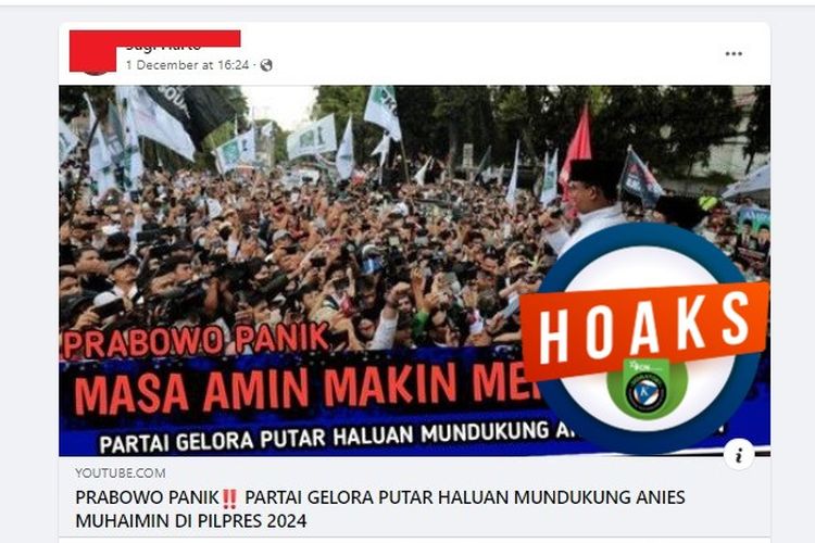 Tangkapan layar Facebook narasi yang menyebut Partai Gelora berputar haluan dengan mendukung Anies-Muhaimin