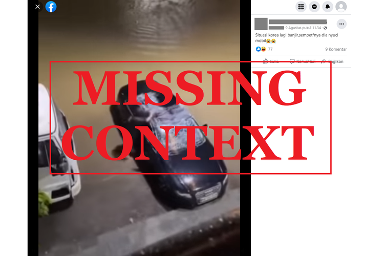 Tangkapan layar unggahan dengan konteks keliru di sebuah akun Facebook, Selasa (9/8/2022), menampilkan video seseorang yang mencuci mobil di tengah hujan dan bajir di Korea.