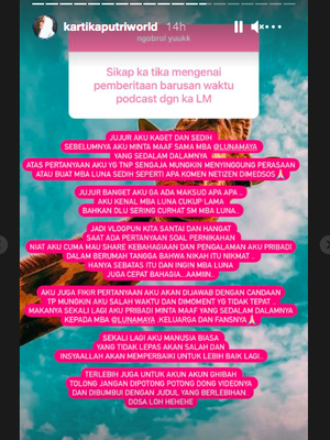 Unggahan Kartika Putri di Insta Story akun Instagram miliknya, Kartika meminta maaf pada Luna Maya